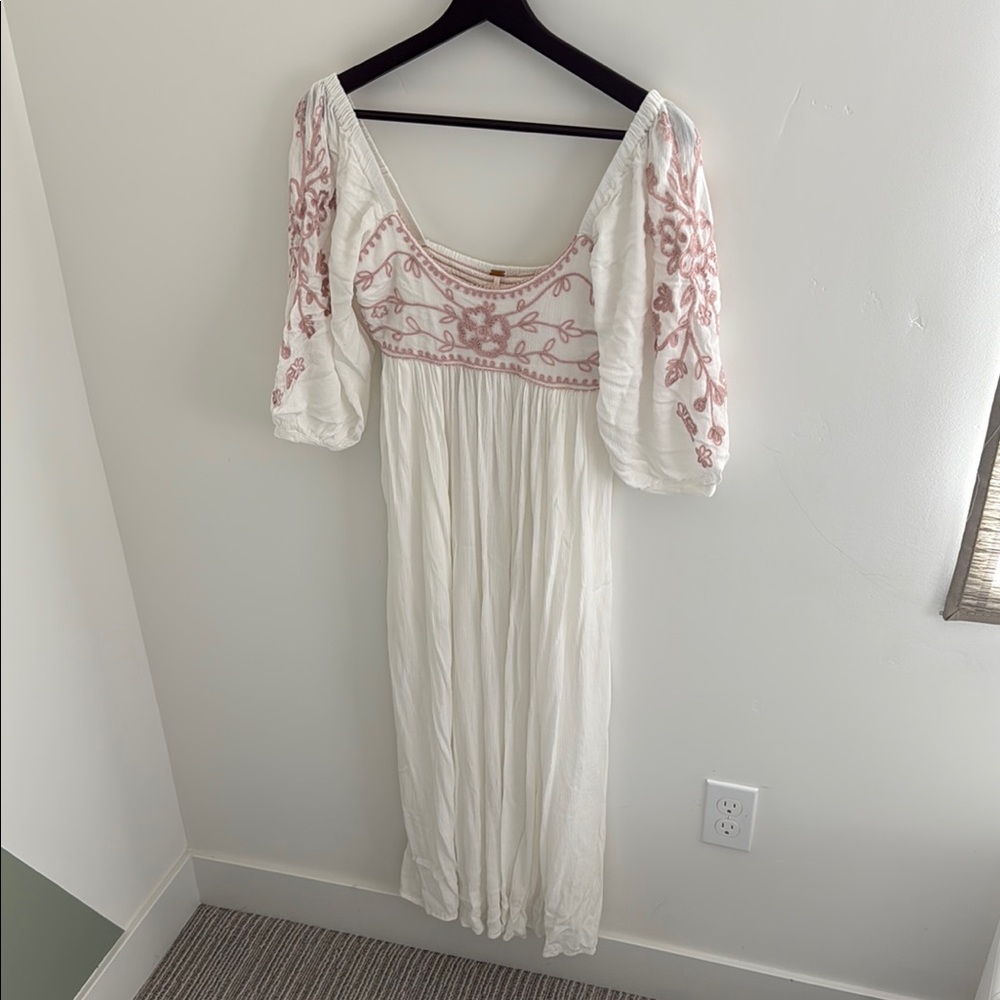 Free People White Dress with Pink Embroidery